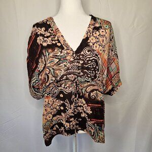 J. Jill Women's Size Medium Petite Brown Blue Floral Paisley Vneck Waist Tie Top